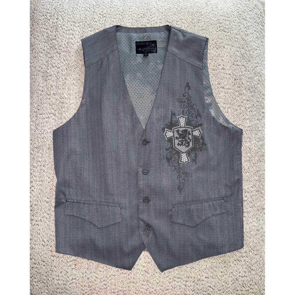 Franky‎ Max Mens Grey Gothic Cross Lion Crest Rhinestone Winged Vest XL